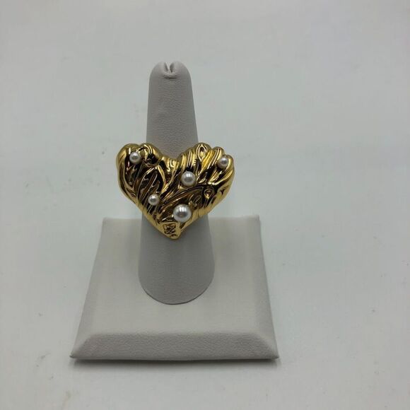 18K Gold Plated Women's Statement Heart Ring Faux Pearls Open Back Adjust Size - Picture 6 of 15